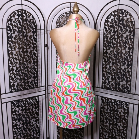 ZARA Halter Satin Mini Dress in Retro Groovy Colorful Print Size M, 70's, Summer - Picture 3 of 7